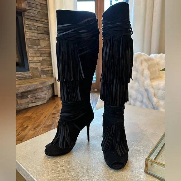 Gucci black suede fringe open top boots with zippered back size 38.5 - Picture 4 of 13